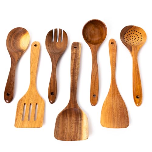 Ensemble d'ustensiles de cuisine de 7 pièces pour la cuisson 30 cm | Fabriqué à partir de bois d'acacia durable de qualité supérieure | Comprenant des...