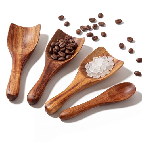Wooden Coffee Scoops, ​4-Piece Wooden Scoop for Canisters, Ground Coffee, Tea and Sugar, Handmade Wood Scoop with 3 Fat Shovel Scoops and 1 Round Head Spoon