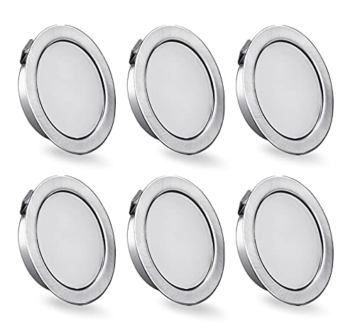 KYOTECH 6er Set LED Möbelleuchte 230V, 3.5W LED IP44 G4 15mm Flache Möbel Einbaustrahler in Edelstahl gebürstet Optik, 3000K Warmweiß, Küchenhaube Leuchte, Badleuchte Einbauspot