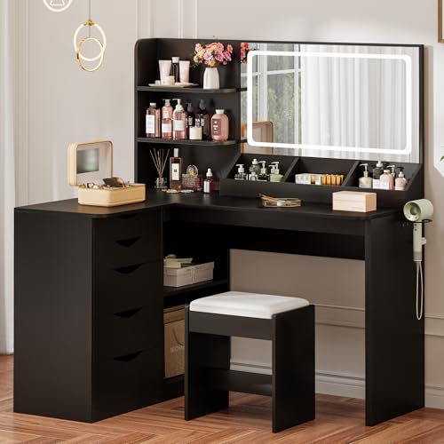 Furmax Vanity Desk with Mirror, L Shape Vanity, LED Lighted Mirror, with Power Outlet and 3 Storage Shelves, Makeup Table with 5 Drawers, 3 Color Modes, for Bedroom(Black)