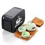 OMyTea® Portable Travel Tea Set - 100% Handmade Chinese / Japanese Vintage Kungfu Gongfu Tea Set - Porcelain Teapot & Teacups & Bamboo Tea Tray & Tea Mat with a Portable Travel Bag (Green-2 cups)