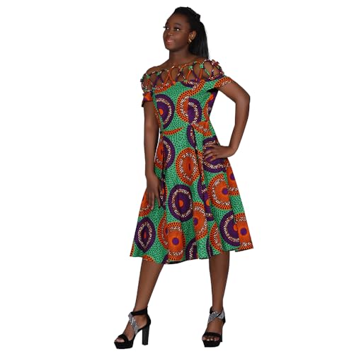 Image of XIAOHUAGUA African Dresses for Women Cotton Cutout Neck Short Sleeve Ankara Dashiki Cocktail Party A-Line Flare Dress