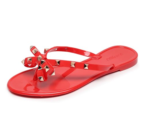 Image of Studded Jelly Shoes for Womens Bow Flip Flops Jellies Sandals Flat Black Summer Beach Thong with Rivets Strappy Slides Slip On