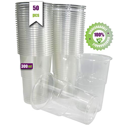 50 vasos de 300 ml. Vasos desechables biodegradables de plástico orgánico. Vasos PLA transparentes para bebidas frías, Vasos ecológicos y compostables para fiestas, campings, eventos y cumpleaños.