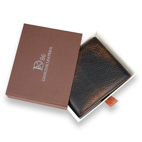Image of DK86 Leather Bifold Wallet for Men RFID Blocking Full Grain Leather With Hand Burnished Extra Capacity Multiple Card Slots with 2 ID Windows (black orange)