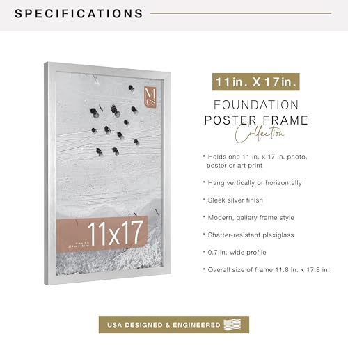 Image of MCS Foundation 11x17 Poster Frame Traditional Silver, Vertical & Horizontal Wall Hanging Large Picture Frame for Photos, Posters & Art Prints (1-Pack)