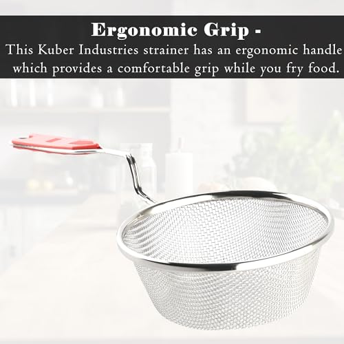 Image of Kuber Industries Pack of 3 Stainless Steel Deep Fry Strainer for Kitchen - 6 no. Oil Cooking Jhara /Filter /Channi for Chips & Pasta - Silver & Red