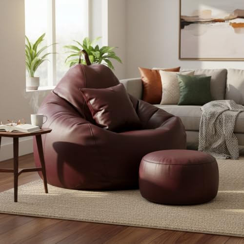 Image of KAM'S LIEU Bean Bag Chair with Footrest & Cushion | Pre-Filled Beans | PVC Leatherette Lounger Sofa | Indoor & Outdoor Bean Bag | 6 Months Warranty Size & Color- (Maroon, XXXXXL, Premium)