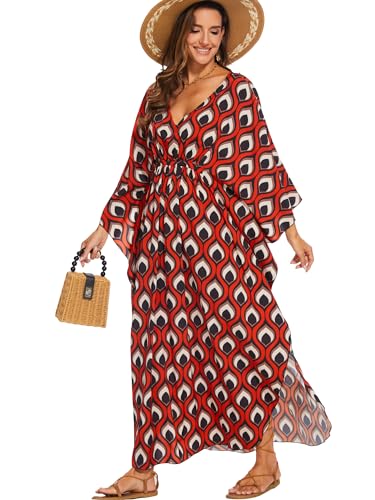 Image of Moss Rose Kaftan Dresses for Women V Neck Summer Swimsuit Cover up Caftan Maxi Beach Dresses