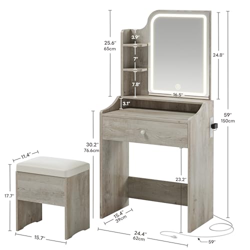 Image of LIKIMIO Small Vanity Desk with Mirror Lights and Storage Stool | White Walnut compact vanity with 3 light modes, charging station, storage drawer, 3 shelves and upholstered stool
