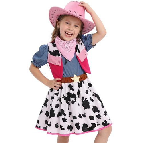 Doxrmuru Cowgirl Costume for Girls Halloween Western Rodeo Dress Up Outfit with Cowgirl Hat 7-8 Years