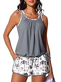 Summer Mae Blouson Women’s Tankini Swimsuits with Shorts Tummy Control Bathing Suits Side Pockets Lilac Leopard Palm Medium 2026