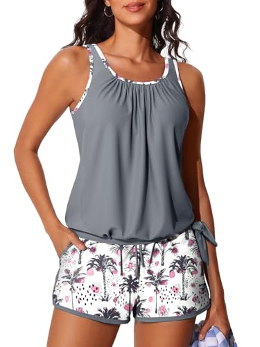 Summer Mae Blouson Women’s Tankini Swimsuits with Shorts Tummy Control Bathing Suits Side Pockets Lilac Leopard Palm X-Large 2026