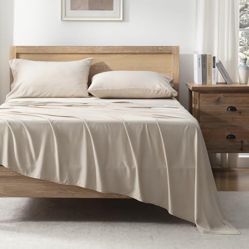 Image of Andency Full Sheets Set 100% Viscose Derived from Bamboo, Oatmeal | Cooling Summer Sheets, Deep Pocket Up to 16 inch, Silky Soft Hotel Luxury Breathable Bedding Sheets & Pillowcases
