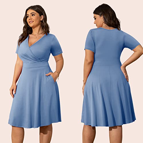 Image of POSESHE Womens Plus Size Dresses Summer Short Sleeve Wrap V-Neck Sundress Casual Wedding Guest Cocktail Dress with Pockets