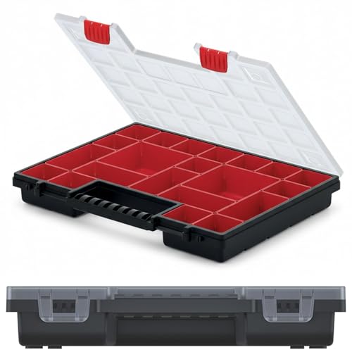 DIKEL Boîte de rangement avec boîtes amovibles 40 x 30 x 5 cm - Boîte à vis mobile et chargeur de petites pièces pour atelier - Organiseur robuste - Boîte de tri avec poignée ergonomique - Noir/rouge
