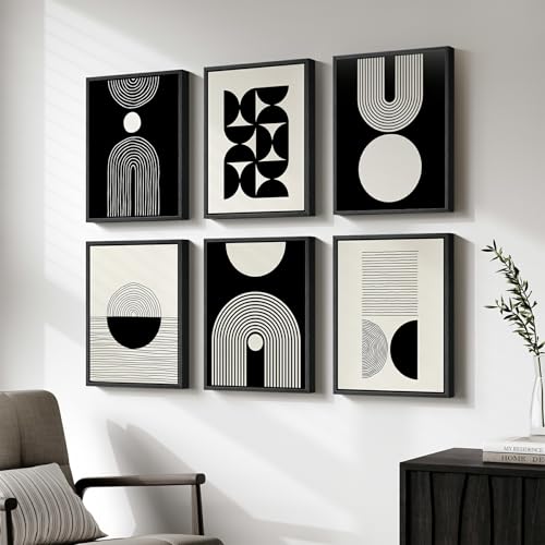 Wood Framed Modern Abstract Canvas Wall Art Sets of 6, Black and White Minimalist...
