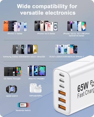 Image of 2-Pack 65W USB C Charger Block, 6-Port Fast Wall Charging Block [3 PD USB-C & 3 QC USB-A] for iPhone 17 16 15 Pro Max, iPad Pro, Galaxy S26 S25, Pixel 10 9, iWatch,Google & More
