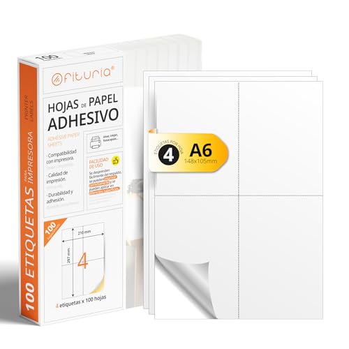 Folios A4 de Etiquetas Adhesivas Blancas, Crea tus Pegatinas Personalizadas para cualquier Superficie, Papel A4 Adhesivo Seguro, Etiqueta Adhesiva para Imprimir - Ofituria (4 por hoja, 100h)