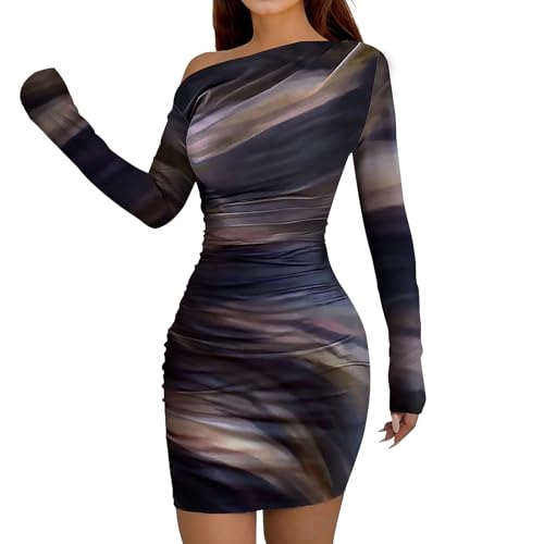 Image of Women's Long Sleeve Bodycon Mini Dress Tie Dye Print Slim Fit Asymmetrical Neck Elegant Formal Ruched Short Dresses