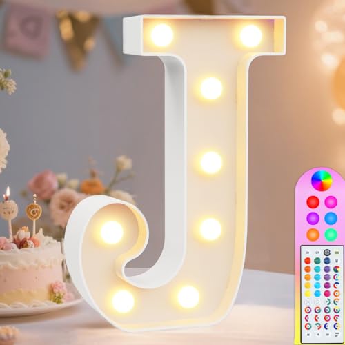 Image of Pooqla Colorful Light Up Letters with Remote, Upgraded 35 Colors LED Marquee Letters, RGB Lighted Letter for Girls Teenager Gift, Birthday, Party, Wedding, Night Light, Room, Bedroom Decor, Letter J