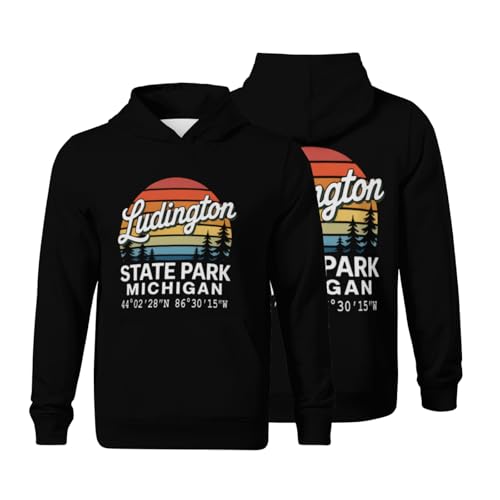 Kids Retro Ludington State Park with GPS Location Design Boys Girls Lightweight Kangaroo Pocket Fleece Hoodies