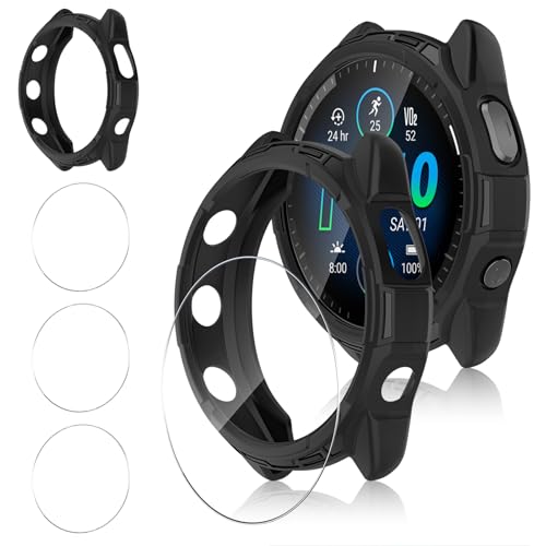 Funrae Hard Funda Compatible con Garmin Forerunner 965, 9H HD Cristal Templado Protector de Pantalla *3, Anti-Choque Parachoques Anti-rasguños Protector Marco Funda*1- Negro