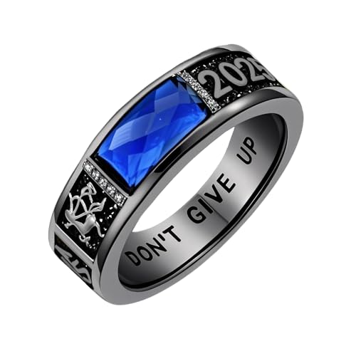 Custom Class Rings for Men High School College Mens Class Rings with Pattern Text and Birthstones Graduation Ring in 10KGold/14KGold/18K Gold/925Sterling Silver College Ring for Men