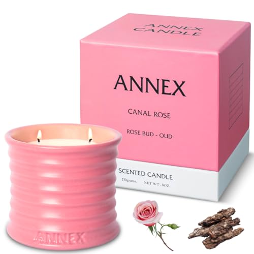 CANAL ROSE : Rose Knospen & Oud Duftkerzen - Annex Handgefertigte Kerzen Aus Keramik | Scented Candle Sojawachs, Duftwachs, Kerzenfresser & Massagekerze | Rosa duftkerze groß, 50 Stunden Brenndauer