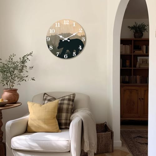 Image of XFM Cabin Bear Wall Clock 20 Inch Large Farmhouse Wildlife | Silent Non-Ticking Battery Operated Vintage Wooden Round Decorative for Lodge Living Room Kitchen Office