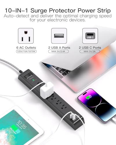 Image of mifaso 10ft Type c Travel Essentials - 3Ft Power Strip with USB, Compact Flat Plug Extension Cord with 3 Outlets 4 USB Ports, Non Surge Cruise Must Haves, Cruise Ship Essentials, White (Dock-01)