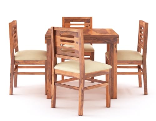 Image of MAMTA DECORATION Solid Sheesham Wood 4 Seater Dining Table Set | Four Seater Dinner Table with 4 Cushions Chairs | Dinning Table Set 4 Seater for Living Room, Hotels & Restaurant, Honey Finish