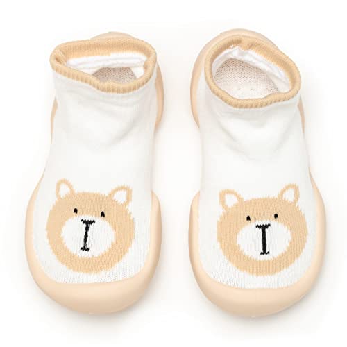 Komuello Girl Baby & Toddler Shoe, Easy Pull on, First Walker, Non Slip, Soft Cotton, Premium Sock Shoes, Mini Bear, Size 7 (135mm, 18-24 Months)