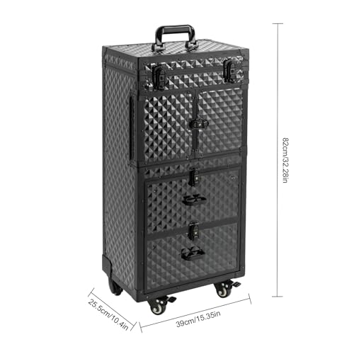 Image of Makeup Train Case, Professional Cosmetics Rolling Organizer, Rolling Makeup Trolley Case, Nail Polish Organizer, Jewelry Travel Cosmetic Train Case with 4 Wheels & 2 Keys (Black) (B0GCHHZQJY)