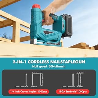 3/8” Cordless Brad Nailer, Cordless Nail Staple Gun with 1 * Battery, 2 in 1 Electric Stapler Nailer with 1000 Nails and 1000 Staples, Nail Gun/Staple Gun, Cordless Fix Nailer 2 Mode for Upholstery