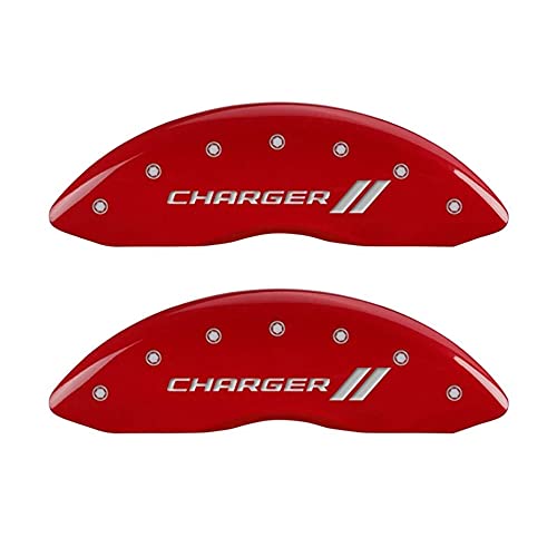 Image of MGP Caliper Covers - Brake Caliper Covers for 2011-2023 Dodge Challenger & 2011-2023 Dodge Charger (Requires Dual Piston Front Caliper) Front and Rear Set - Engraved Charger / / Logo (Red)