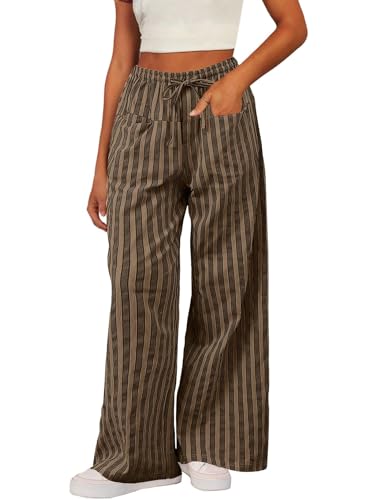 WOWULOVELY Women Casual Striped Drawstring Pants Wide Leg Pants with Pockets Elastic Trousers Loose Lounge Pajama