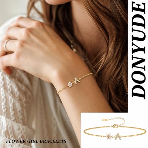 Image of Flower Girl Basket Gift, Flower Girl Proposal Pearl Flowers Initial Bracelet for Teen Bridesmaid Gifts for Wedding Day Adjustable Dainty 14k Gold Plated Letter Bracelet Bridesmaid Bracelets Jewelry