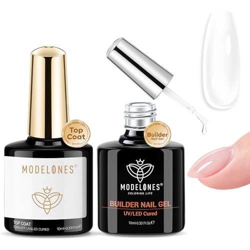 Image of modelones Builder Nail Gel with Gel Top Coat, 8-In-One Clear Builder Acid Free Top Coat for Nail Thickening Apex Building Extension Shine Finish and Long Lasting, LED Lamp Cured 10ml DIY Home Salon