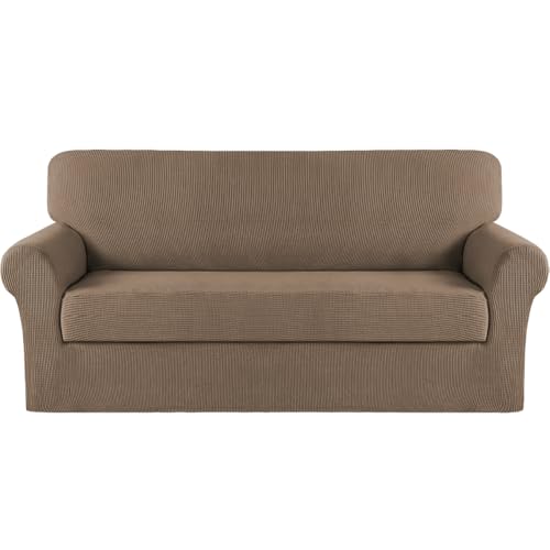 Image of Turquoize Stretch Sofa Slipcover 2 Pieces Sofa Cover Couch Cover for 3 Cushion Couch Washable Furniture Protector Covers with Elastic Bottom Feature Thick Jacquard Fabric (Sofa, Macchiato)