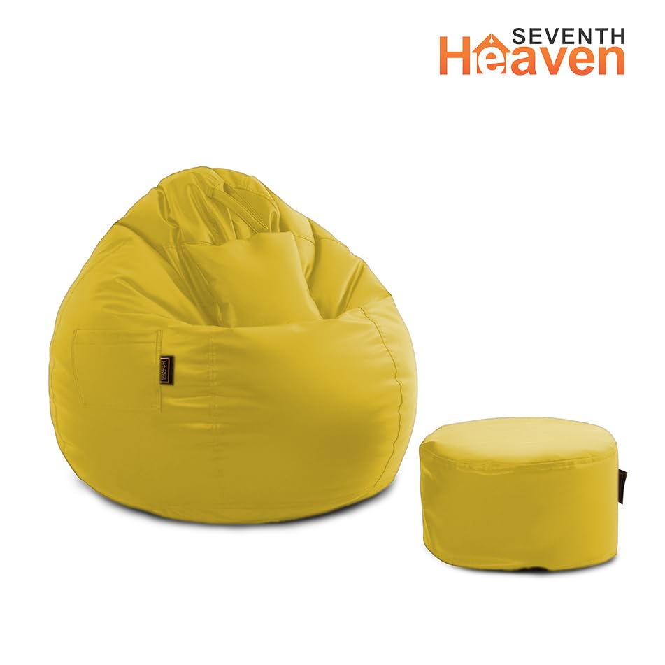 Image of Seventh Heaven 4XL Bean Bag Cover with Footrest and Cushion (Without Beans) | Premium Scratch Resistant Leatherette | (Leatherette Fabric - Yellow)