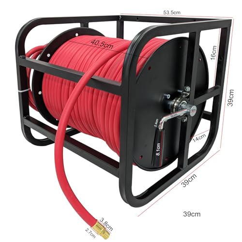 Image of Dolphy Steel Floor Mounted Air Hose Reel with 3 /8 in. x 90 Meter (295 FT) Rubber Hose-300 PSI(Black & Red)