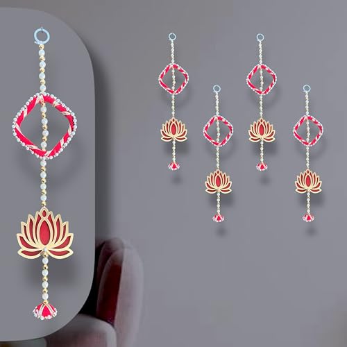Image of Rajasthan Kraft Lotus Hanging Decoration with Red Moti Chudi Beads | Pack of 4 (16 x 4 Inch)| Red & Gold Wall /Door Decor for Diwali, Navratri & Pooja(RK-36203-2).