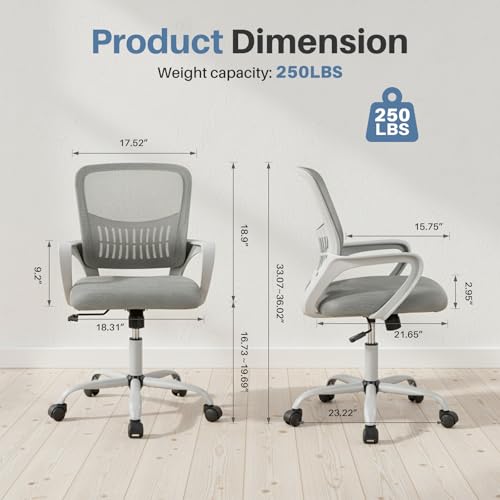 Image of DUMOS Office Desk Chair, Ergonomic Lumbar Support, Home Office | Height Adjustable, Fixed Armrest, Rocking Mode, 360 Swivel, Conference Room, Grey