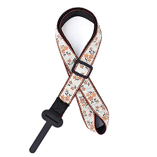 Image of CLOUDMUSIC Ukulele Strap Clip On No Drill J Hook For Soprano Concert Tenor Baritone With Hawaiian Colorful Floral Pattern (Orange Flowers In Breige)