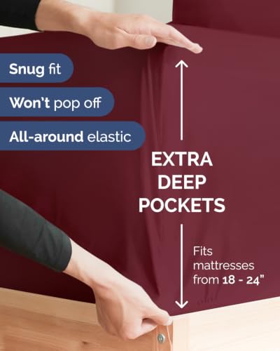 Image of Extra Deep Flex Top Split Head King Fitted Sheet - Hotel Luxury Single Fitted Sheet Only - Easily Fits 18 inch to 24 inch Mattress - Ultra Soft, Wrinkle Free w /Extra Deep Pockets - Burgundy
