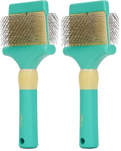 GROOMERSPRO Jelly Pet Double Sided Slicker Brush, Longer Pin, Flexible Head, Fine/Coarse Sides, Removes Unwanted Tangles, Made in USA, Large, Teal (Pack of 2)