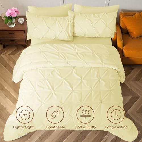 Image of Sasttie Queen Comforter Set, 7-Piece Bed in a Bag, Pintuck Bedding Sets for All Season, Includes Comforter, Flat Sheet, Fitted Sheet, Pillowcases and Pillowshams, Cream Yellow