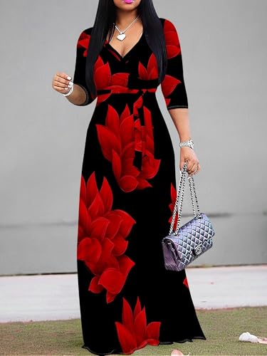 Image of Plus Size Maxi Dress for Women V Neck 3 /4 Sleeve Wrap Dress