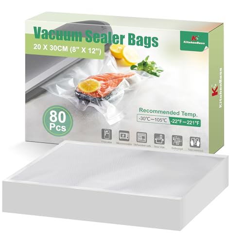KitchenBoss Bolsas selladoras de alimentos al vacío: 20 x 30 cm, 80 bolsas Sous Vide, sin BPA, bolsa precortada para almacenamiento de alimentos en relieve, bolsas de sellado al vacío para máquina